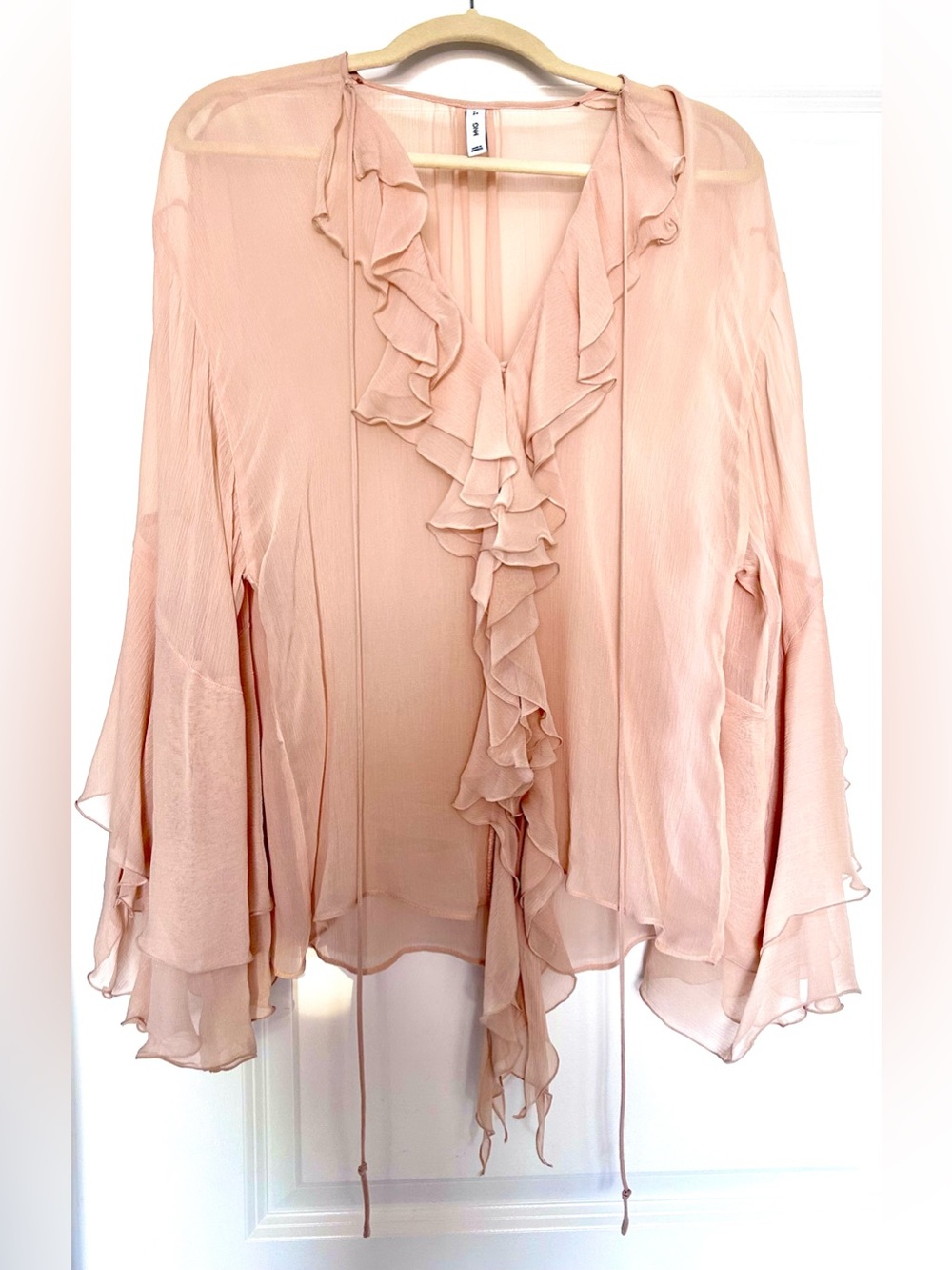 MNG NWOT SZ 2 Sheer Ruffle Tie-Front Blouse - Blush Pink